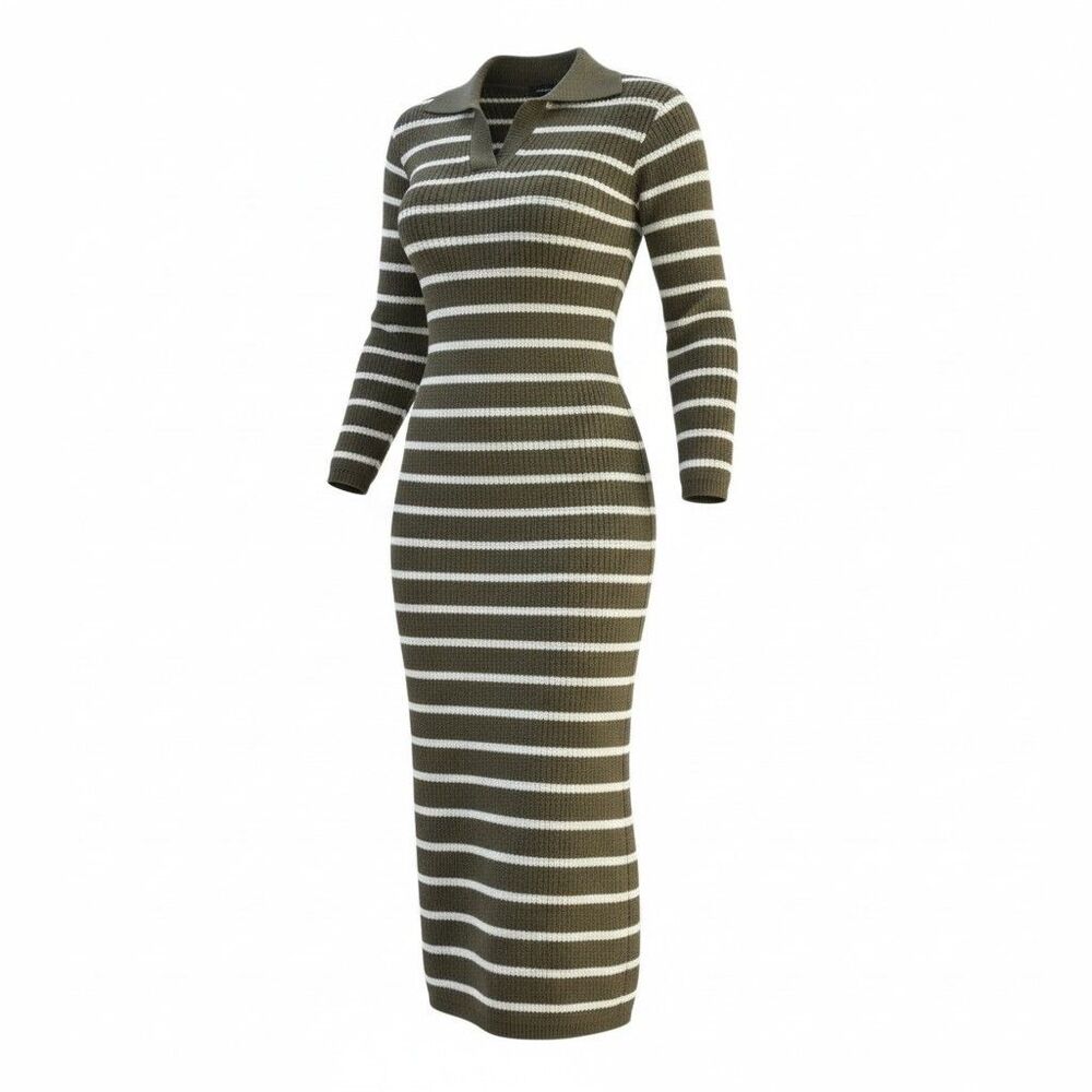 MEROKEETY Women’s Ribbed Knit Polo Sweater Dress Olive Green White‎ Striped Size